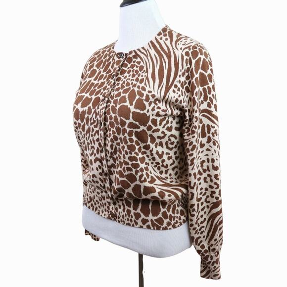 Ann Taylor Size L Cotton Animal Print Ann Cardigan Warm Rosewood - Picture 1 of 10